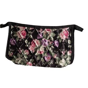 Quilted Black Pink Floral Cosmetics Make up Bag Clutch Purse Zipper Travel Bag